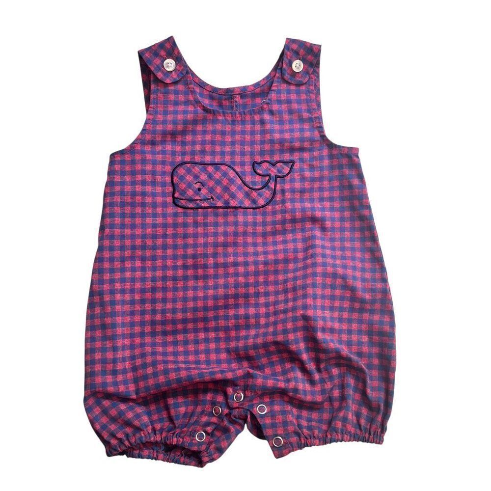 Vineyard Vines Performance Red Blue Plaid Jon-Jon Embroidered Whale Romper 3-6M